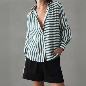 {Maeve} "Silky Striped Easy Voluminous Button Down" Green White Relaxed Shirt